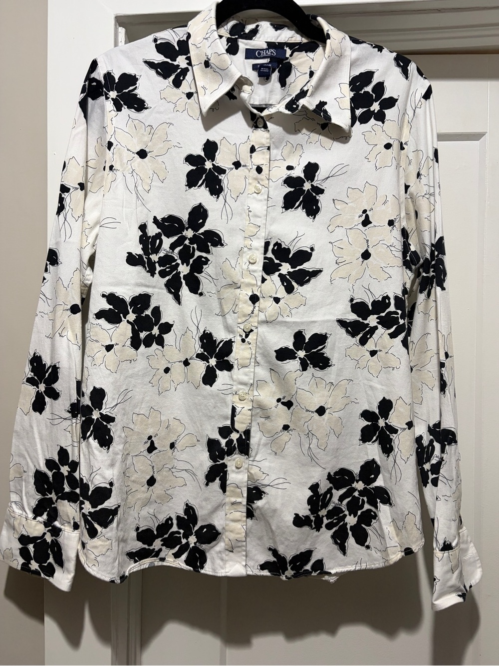 Chaps White Button-Down Shirt with Black Floral Print